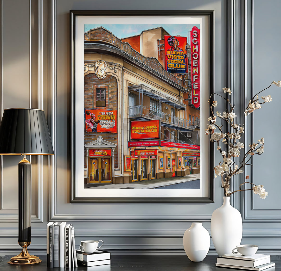 Graphic architectural streetscape poster featuring the entrance of the Gerald Schoenfeld Theatre on West 45th Street in New York City, offered by MapYourDreams where you can select an unframed poster, a gallery wrapped canvas, or a custom frame option to build a musical gallery wall.