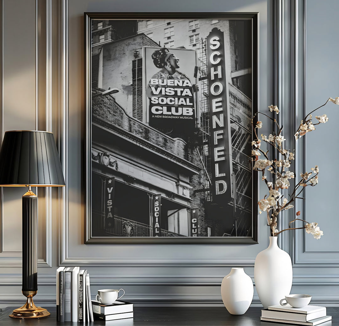 Monochromatic streetscape photography poster featuring the entrance of the Gerald Schoenfeld Theatre on West 45th Street in New York City, offered by MapYourDreams where you can select an unframed poster, a gallery wrapped canvas, or a custom frame option to build a musical gallery wall.