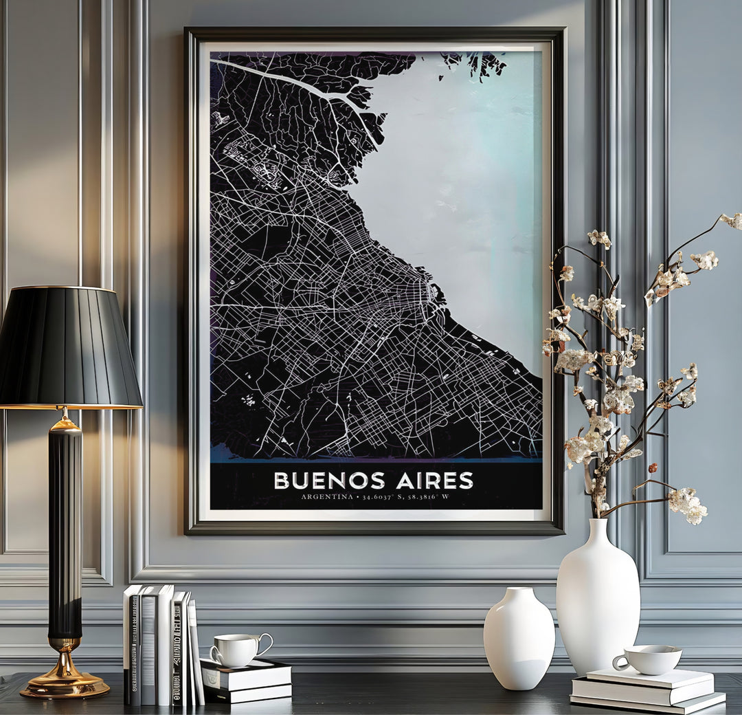Contemporary South American map print highlighting the city structure of Buenos Aires in a striking black and icy blue color palette. A fine offering from MapYourDreams, choose between flexible product formats like borderless paper, custom wooden frames, or canvas wraps.