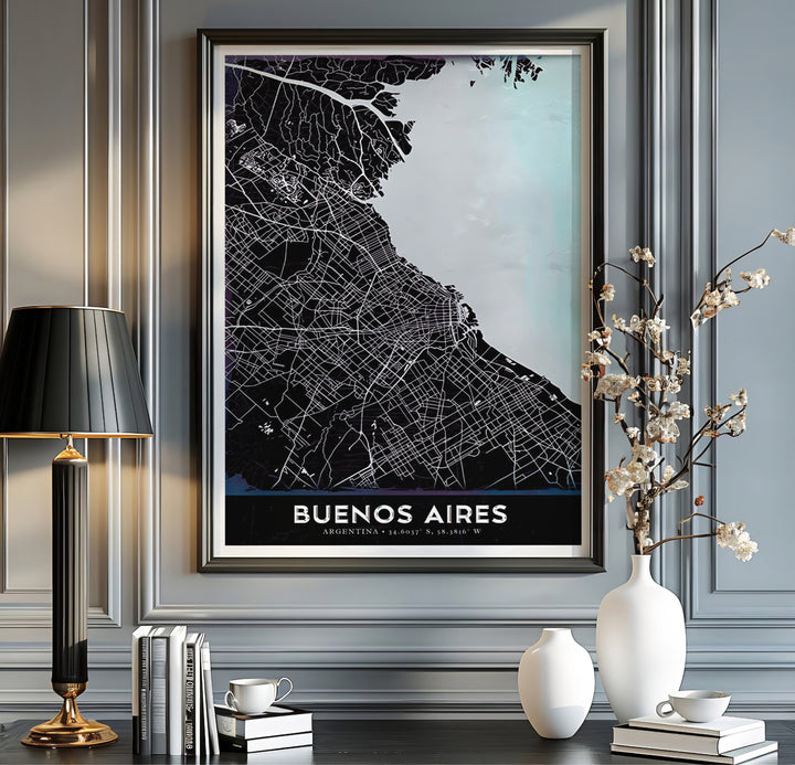 Contemporary South American map print highlighting the city structure of Buenos Aires in a striking black and icy blue color palette. A fine offering from MapYourDreams, choose between flexible product formats like borderless paper, custom wooden frames, or canvas wraps.