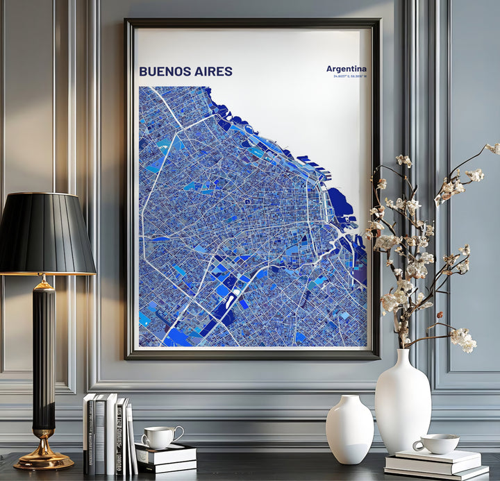 Modern blue geometric Buenos Aires map print featuring white street lines and clean white border typography on archival paper. Offered in the MapYourDreams store, this artwork suits any room setup in unframed paper, real wood frames, or canvas wrap styles.