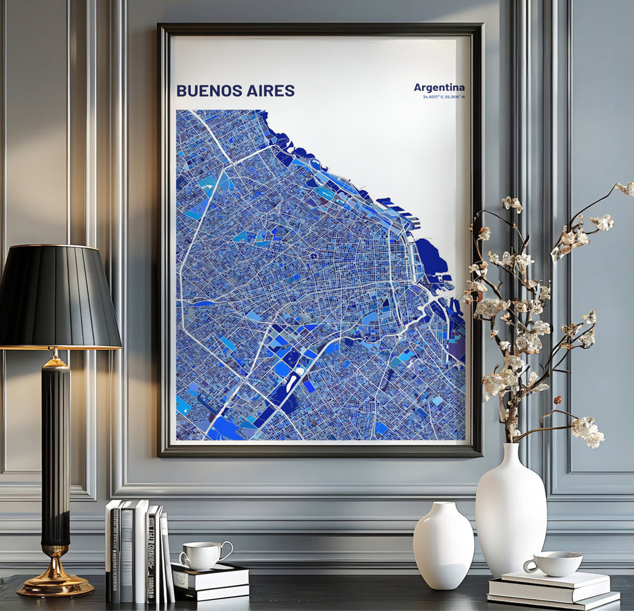 Modern blue geometric Buenos Aires map print featuring white street lines and clean white border typography on archival paper. Offered in the MapYourDreams store, this artwork suits any room setup in unframed paper, real wood frames, or canvas wrap styles.