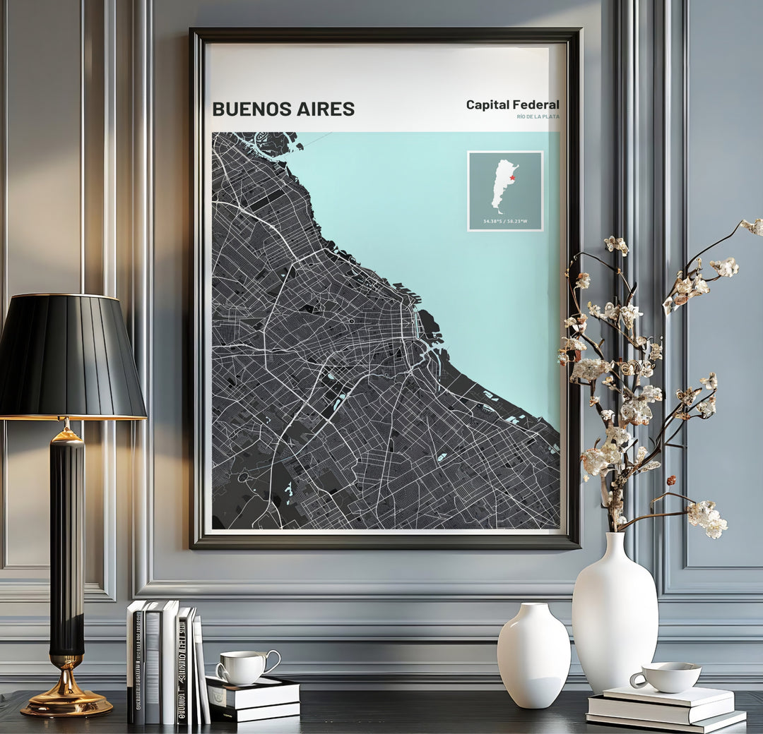 Contemporary South American map print highlighting the city structure of Buenos Aires in a striking charcoal and mint green color palette. A fine offering from MapYourDreams, choose between flexible product formats like borderless paper, custom wooden frames, or canvas wraps.