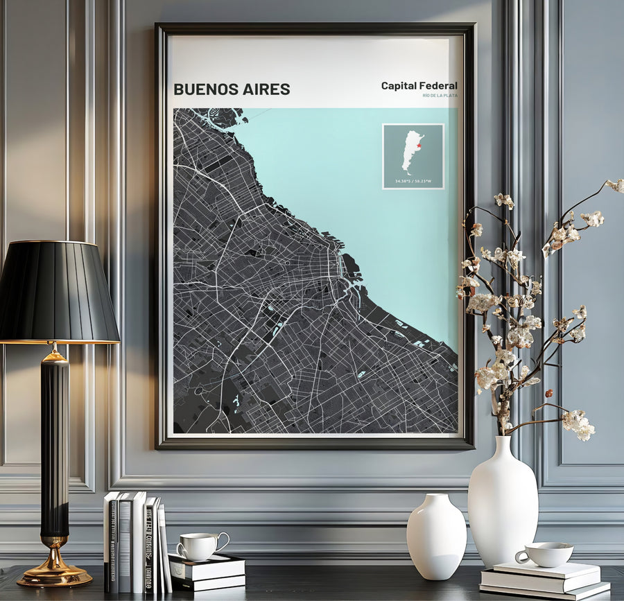 Contemporary South American map print highlighting the city structure of Buenos Aires in a striking charcoal and mint green color palette. A fine offering from MapYourDreams, choose between flexible product formats like borderless paper, custom wooden frames, or canvas wraps.
