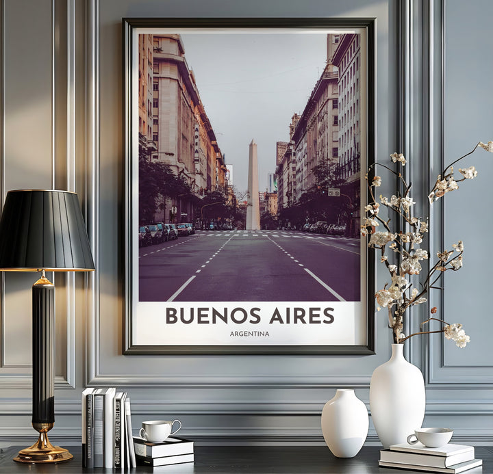 Warm toned urban photography poster of Buenos Aires featuring fine perspective lines and classic Argentine street elements. Offered in the MapYourDreams store, this artwork suits any room setup in unframed paper, real wood frames, or canvas wrap styles.