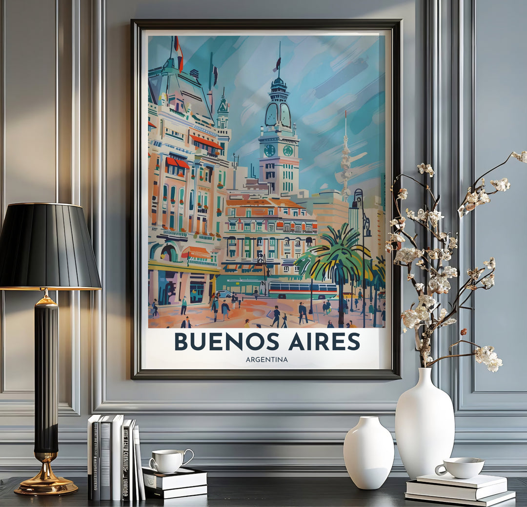 Pastel sky blue and terracotta cityscape artwork printed on 220gsm acid-free Epson matte paper with archival ultra-chrome inks. Offered in the MapYourDreams store, this artwork suits any room setup in unframed paper, real wood frames, or canvas wrap styles.