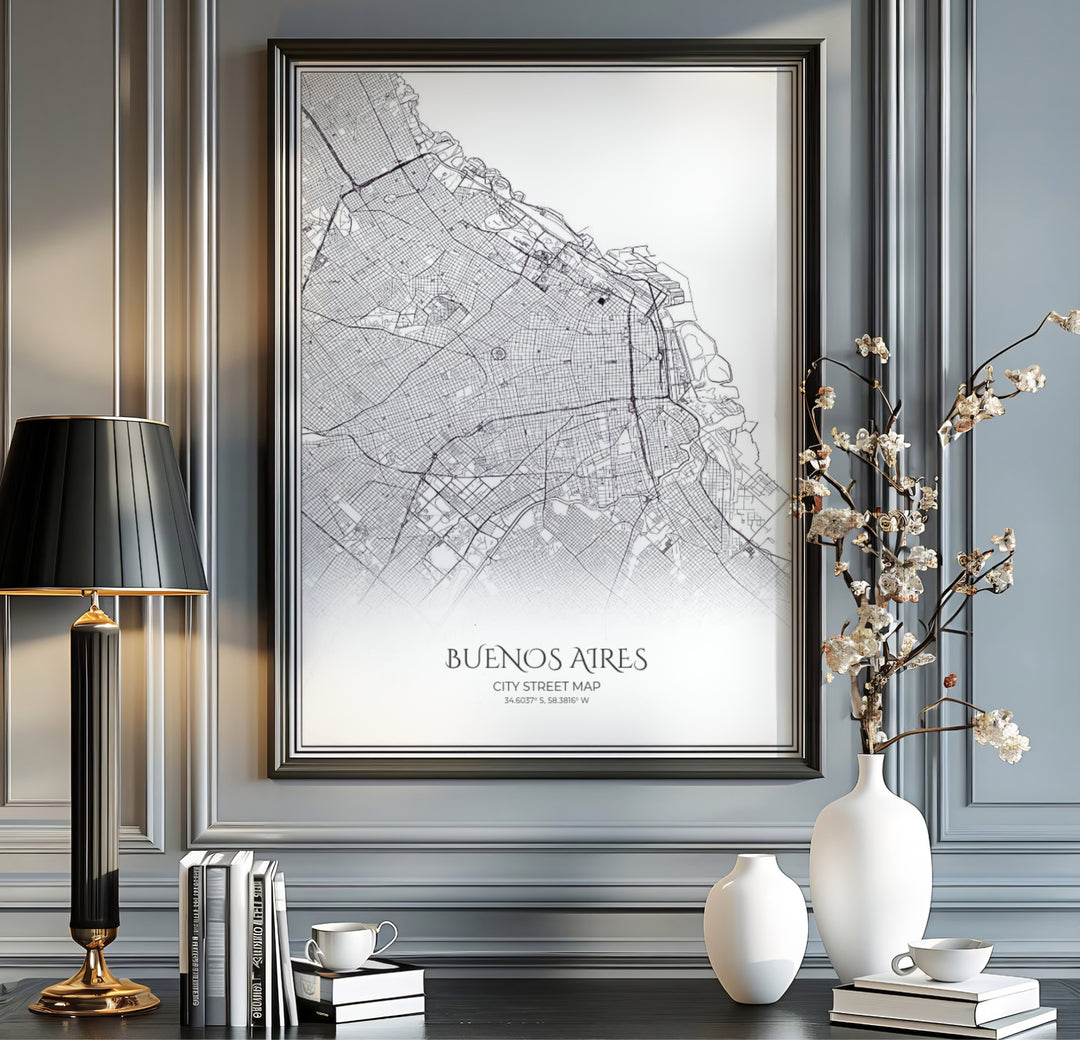 Contemporary travel map poster highlighting the street blocks and avenues of Buenos Aires for sleek minimalist interior design. A fine offering from MapYourDreams, choose between flexible product formats like borderless paper, custom wooden frames, or canvas wraps.