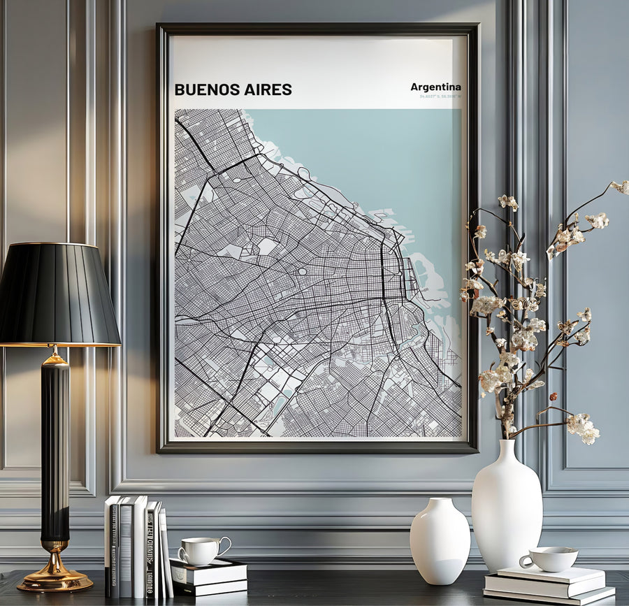 Contemporary travel map poster highlighting the street layout and coastal waterways of Buenos Aires for modern interiors. A fine offering from MapYourDreams, choose between flexible product formats like borderless paper, custom wooden frames, or canvas wraps.