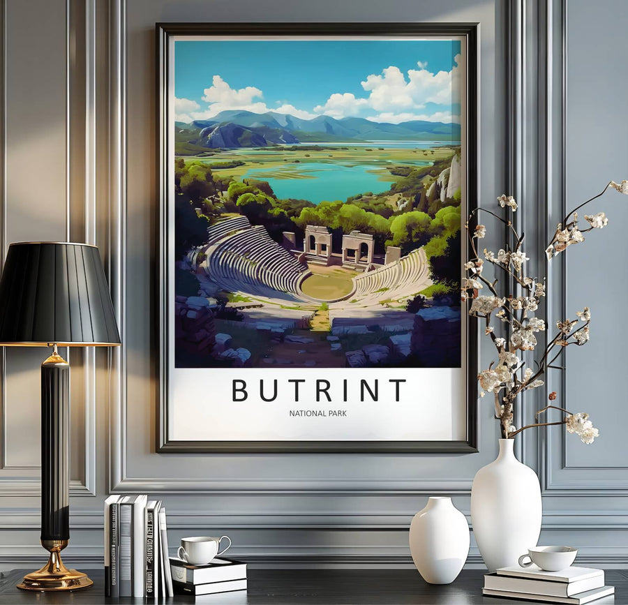 Vibrant landscape travel print depicting Butrint National Park Albania, perfect for art collectors, travel lovers, and archaeological fine art displays. Offered by MapYourDreams, this artwork is available in flexible options including unframed paper, custom wooden frames, and gallery canvas wraps.