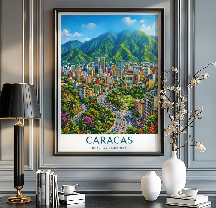 Saturated tropical city art print produced on 220gsm acid-free Epson professional matte paper with archival ultra-chrome inks. Offered in the MapYourDreams store, this artwork suits any room setup in unframed paper, real wood frames, or canvas wrap styles.