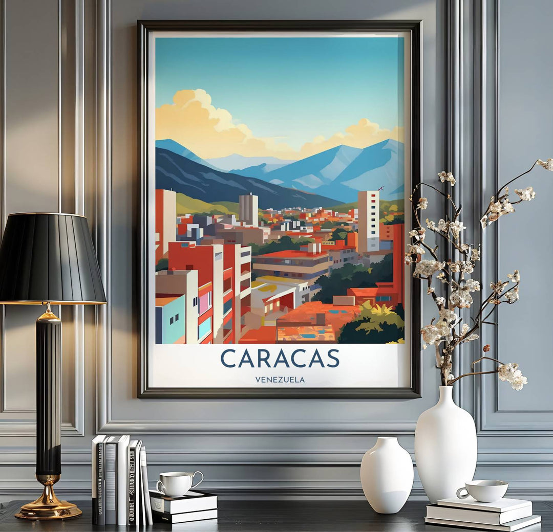Modern vector travel art print capturing the warm sunshine, terracotta rooftops, and serene mountain backdrop of Caracas. Offered by MapYourDreams, customers can choose between standalone paper prints, ready-to-hang wooden frames, and gallery canvas wraps.