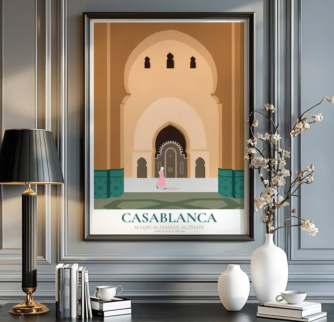 Morocco travel print showing Casablanca Hassan II Mosque in a crisp, minimalist flat vector architectural art style. Handcrafted by MapYourDreams, this artwork is available in flexible options including unframed paper, custom wooden frames, and gallery canvas wraps for gallery wall displays.