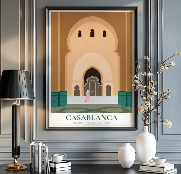 Morocco travel print showing Casablanca Hassan II Mosque in a crisp, minimalist flat vector architectural art style. Handcrafted by MapYourDreams, this artwork is available in flexible options including unframed paper, custom wooden frames, and gallery canvas wraps for gallery wall displays.