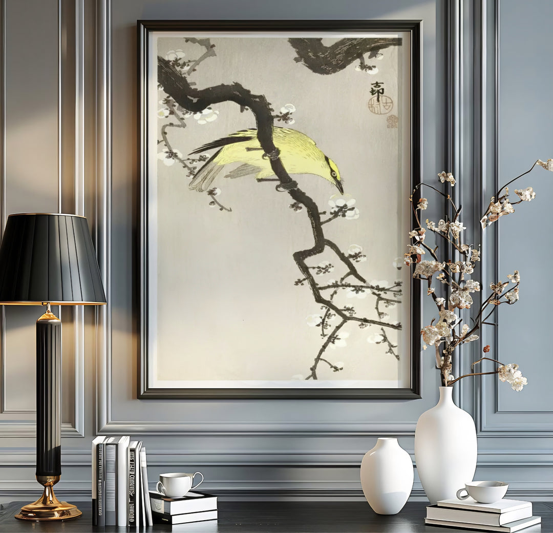 Elegant 1900 1910 Japanese Shin-hanga botanical poster of Ohara Koson bird artwork referencing Tokyo art history. Order custom framed, unframed paper, or textured canvas print options from MapYourDreams.