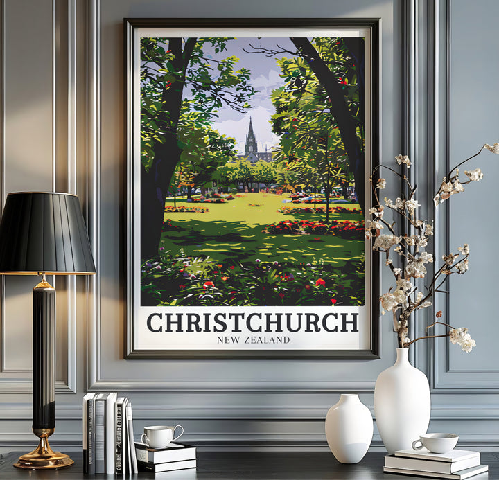 Bold graphic vector style and clean black typography define this Christchurch Botanic Gardens New Zealand print. MapYourDreams offers fine art framed, unframed, and canvas poster options for home decor.