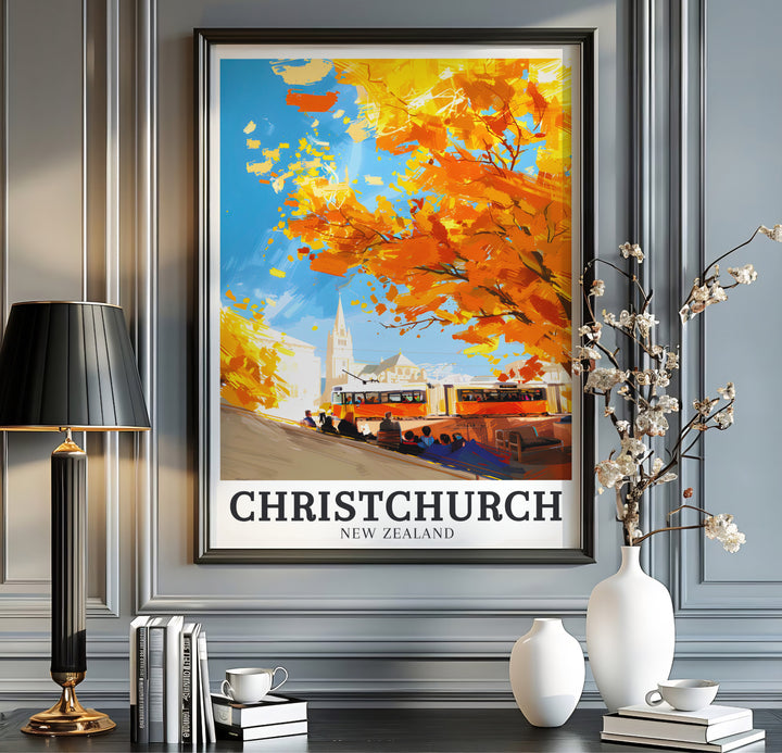 Bold painterly vector style and clean black typography mark this Christchurch New Zealand travel print. MapYourDreams offers professional framed, unframed, and canvas print options for home decor.