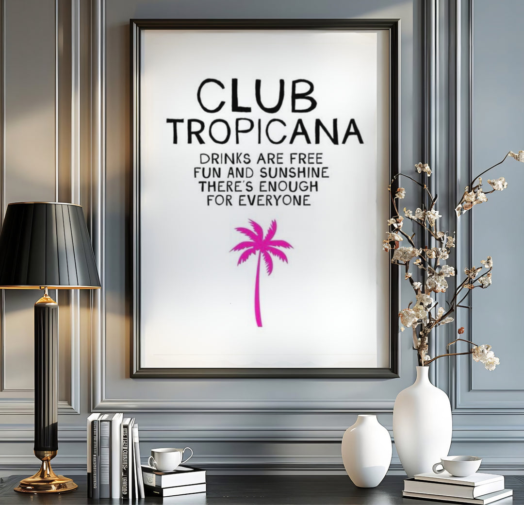 80s nostalgia music print illustrating the legendary Wham lyrics and a bright palm tree at Club Tropicana, created by MapYourDreams where customers can choose an unframed poster, gallery wrapped canvas, or custom frame finish to build a music-themed gallery wall.