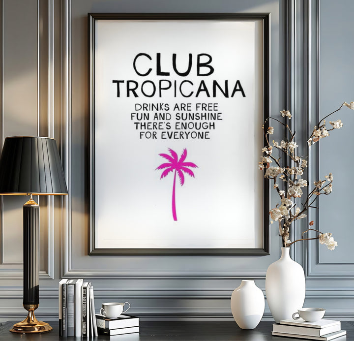80s nostalgia music print illustrating the legendary Wham lyrics and a bright palm tree at Club Tropicana, created by MapYourDreams where customers can choose an unframed poster, gallery wrapped canvas, or custom frame finish to build a music-themed gallery wall.