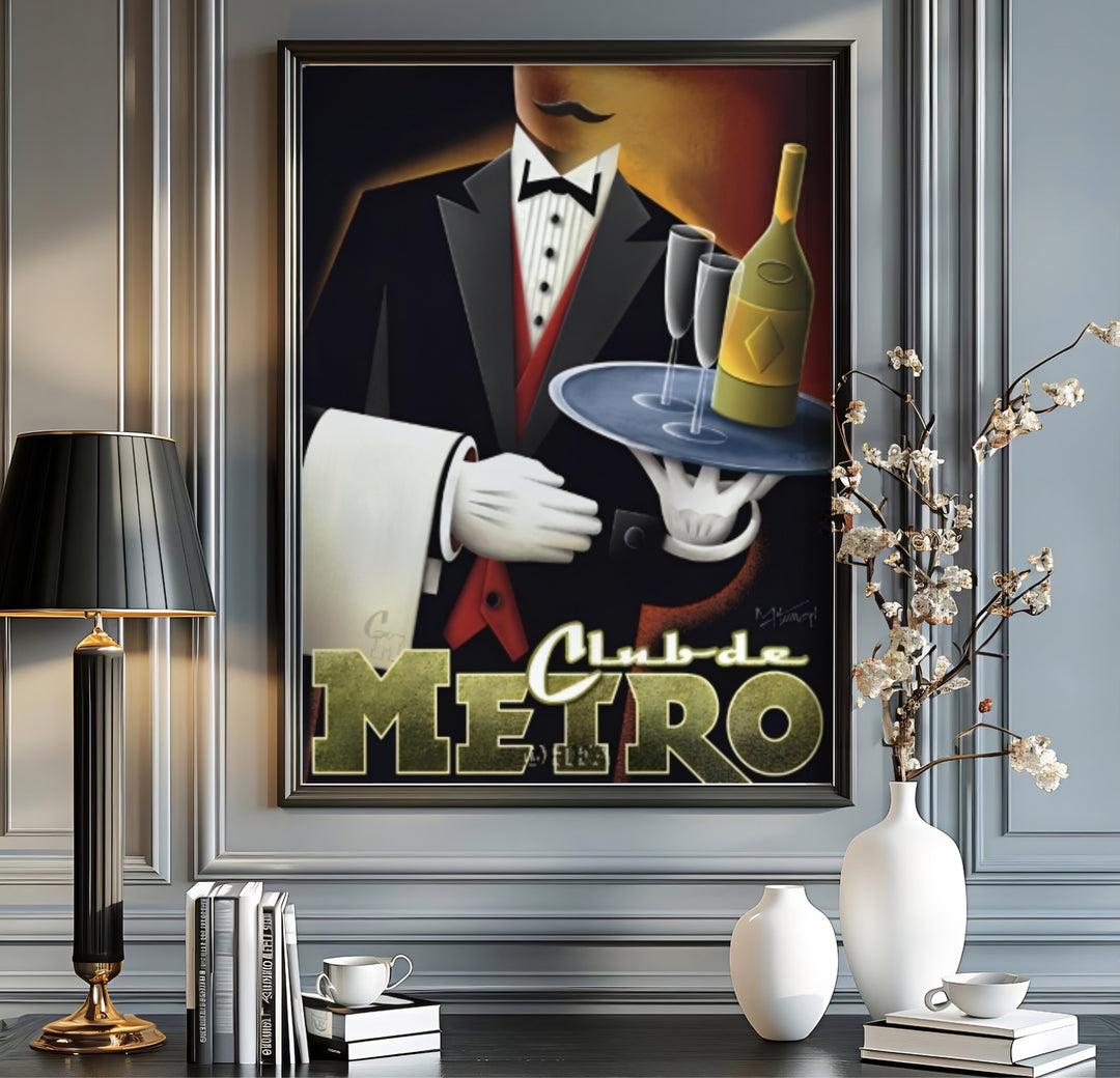 Graphic Art Deco bar scene poster featuring a tuxedo waiter holding a silver serving tray at Club de Metro, offered by MapYourDreams where you can select an unframed poster, a gallery wrapped canvas, or a custom frame option to build a vintage cocktail gallery wall.