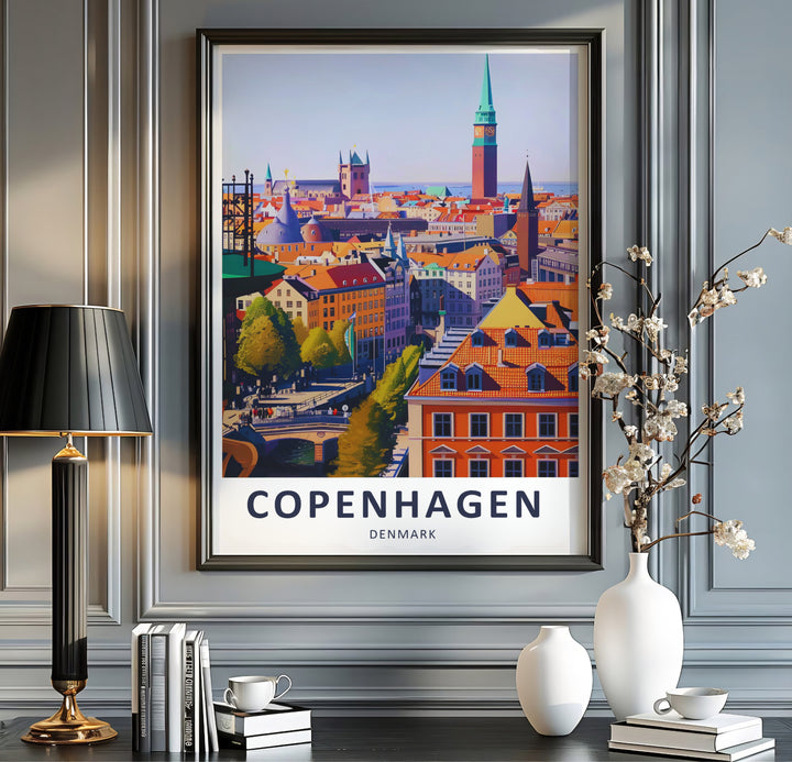 Contemporary travel art poster capturing Copenhagen Denmark skyline and historic buildings. Offered by MapYourDreams, this artwork is available in flexible options including unframed paper, custom wooden frames, and gallery canvas wraps.