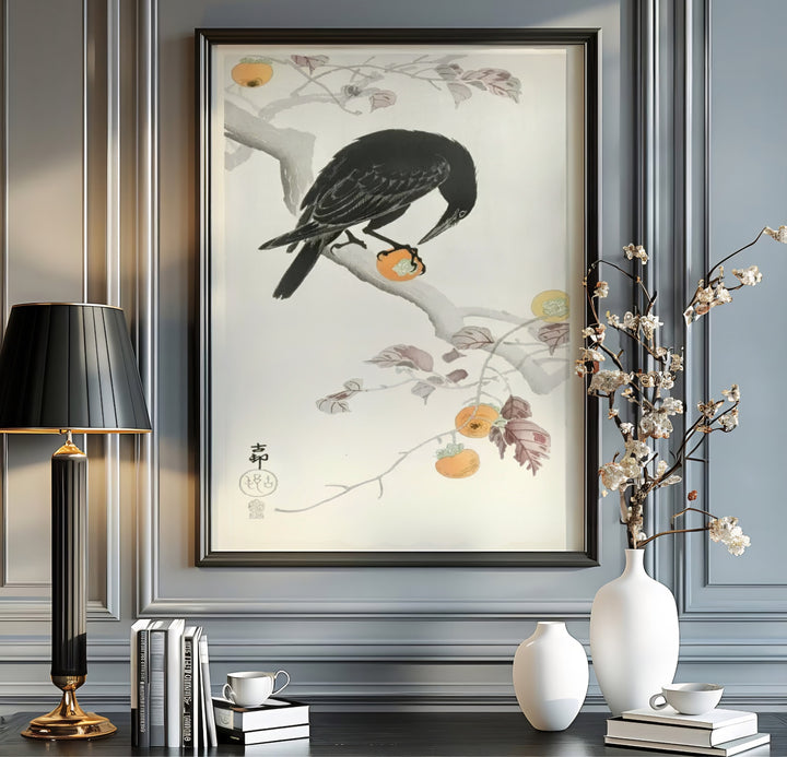 Moody 1900 1910 Japanese Shin-hanga wildlife poster of Ohara Koson raven artwork referencing Tokyo art history. Order custom framed, unframed paper, or textured canvas print options from MapYourDreams.