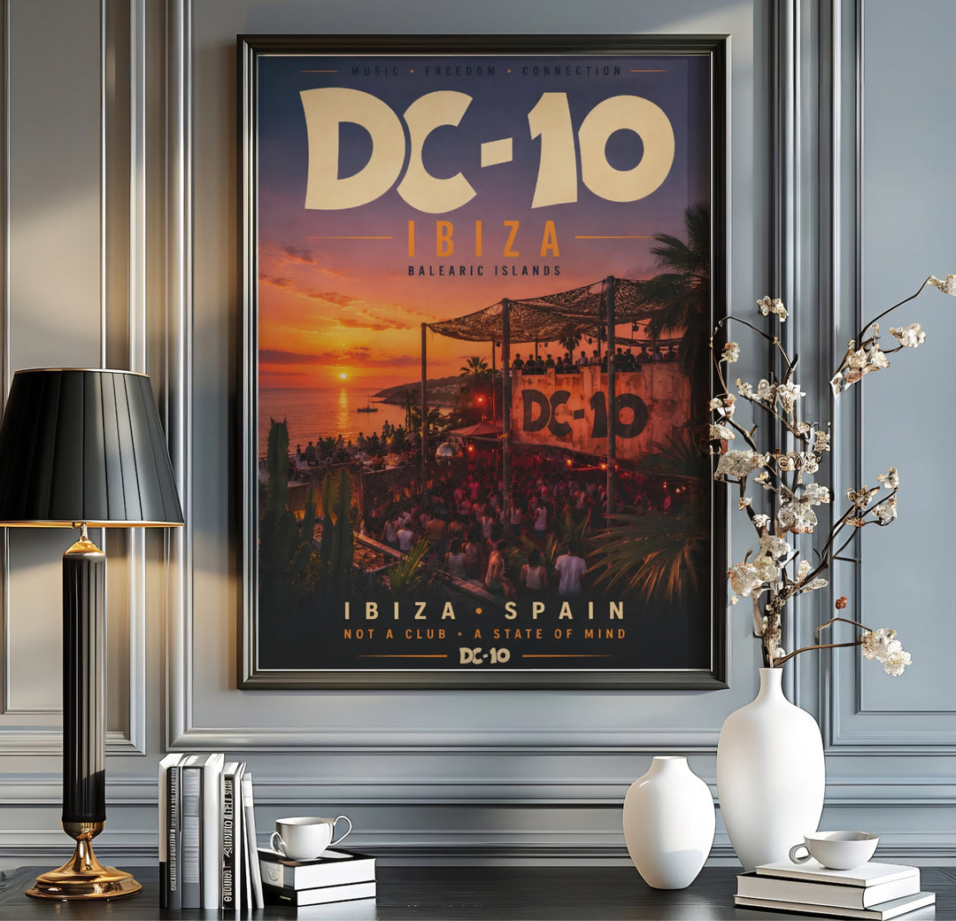 Nostalgic island holiday art print highlighting clubbing heritage and coastal scenery at DC-10 in Ibiza, Spain, available at MapYourDreams with selections including unframed paper prints, stretched canvas decor, or custom framed wall art for patio and sunroom areas.