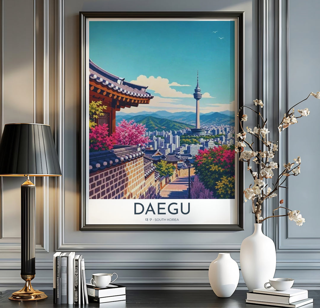 Modern vintage travel print with clean typography reading DAEGU SOUTH KOREA below a scenic illustration of 83 Tower, mountain ranges, and traditional Hanok buildings. Offered by MapYourDreams, this artwork is available in flexible options including unframed paper, custom wooden frames, and gallery canvas wraps.