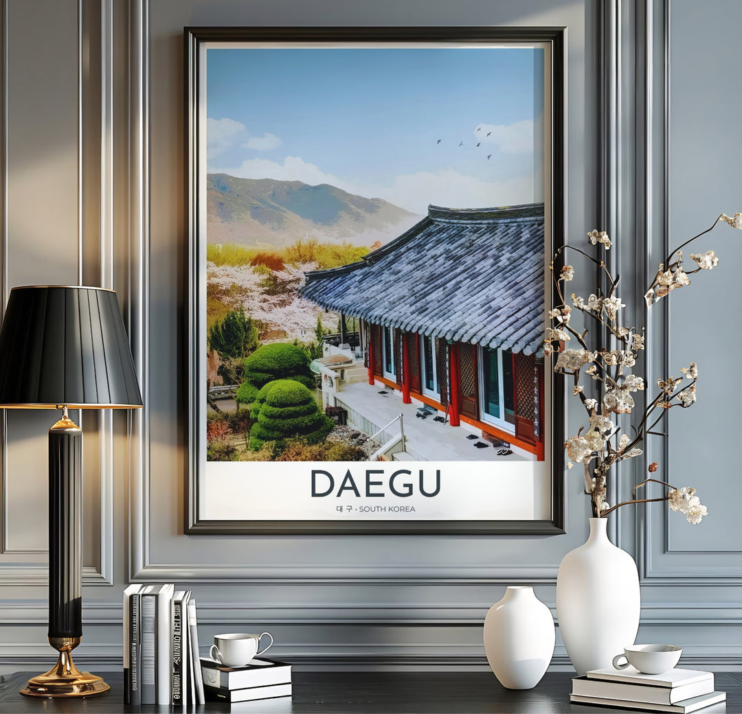 Modern vintage travel poster with crisp typography reading DAEGU SOUTH KOREA below a scenic view of Donghwasa Temple&