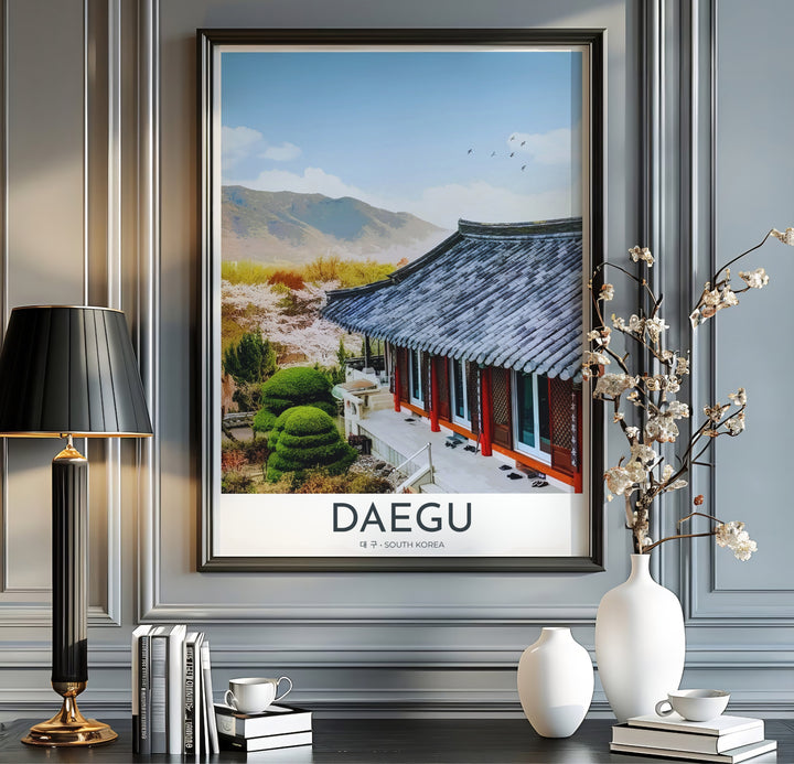 Modern vintage travel poster with crisp typography reading DAEGU SOUTH KOREA below a scenic view of Donghwasa Temple&