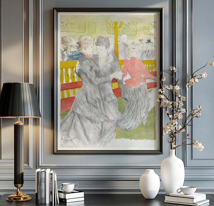 Vintage travel poster style print of Dance At The Moulin Rouge (1897), Henri de Toulouse-Lautrec portraying dancers and crowds at the Moulin Rouge in Paris, France. MapYourDreams supplies custom framed paper prints, unframed wall art, and stretched canvas prints ideal for bedrooms and studies.