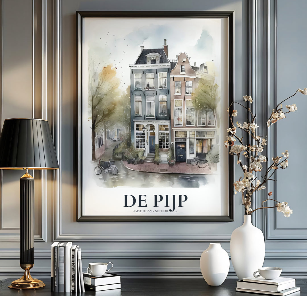 Fine art watercolor print detailing the unique storefront architecture and quiet streets of De Pijp Amsterdam Netherlands, available from MapYourDreams with format choices including unframed paper prints, stretched gallery canvas, or a tailored custom framed wall display for hallways.