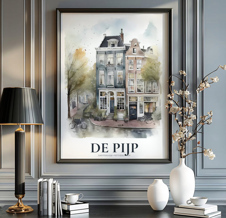 Fine art watercolor print detailing the unique storefront architecture and quiet streets of De Pijp Amsterdam Netherlands, available from MapYourDreams with format choices including unframed paper prints, stretched gallery canvas, or a tailored custom framed wall display for hallways.