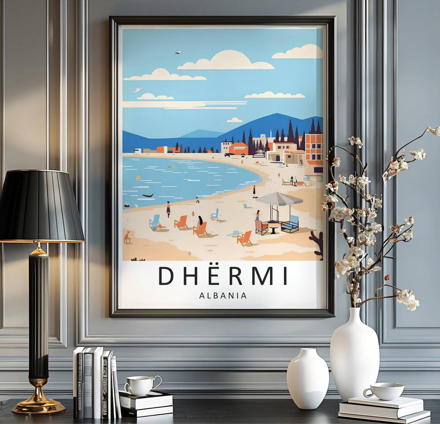 Vibrant coastline travel print depicting Dhërmi Beach Albania, perfect for art collectors, summer travel lovers, and beach aesthetic wall decor displays. Offered by MapYourDreams, this artwork is available in flexible options including unframed paper, custom wooden frames, and gallery canvas wraps.