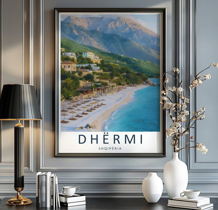Mountains meet the sea in this vivid landscape print of Dhërmi Beach, offering a peaceful coastal aesthetic for entryways and bedrooms. MapYourDreams provides flexible choices like unframed archival paper, custom frames in various finishes, and stretched canvas.