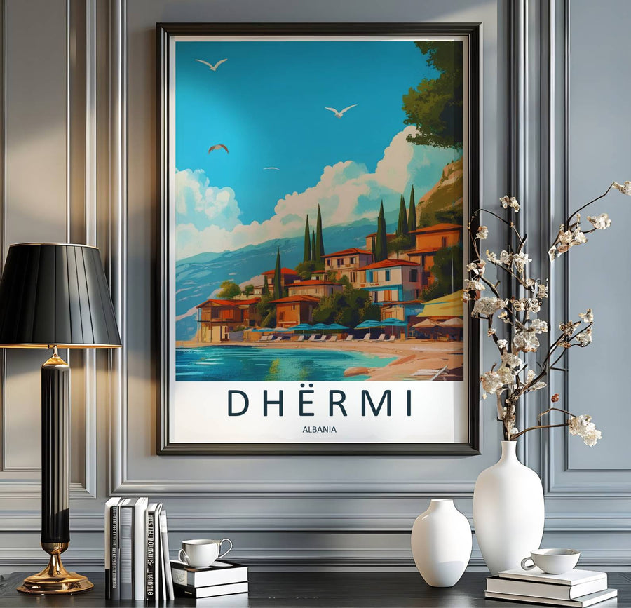 Enjoy year-round summer warmth with this colorful Dhërmi coastal landscape artwork, ideal for beach house living rooms and entryways. Offered by MapYourDreams, this artwork is available in flexible options including unframed paper, custom wooden frames, and gallery canvas wraps.