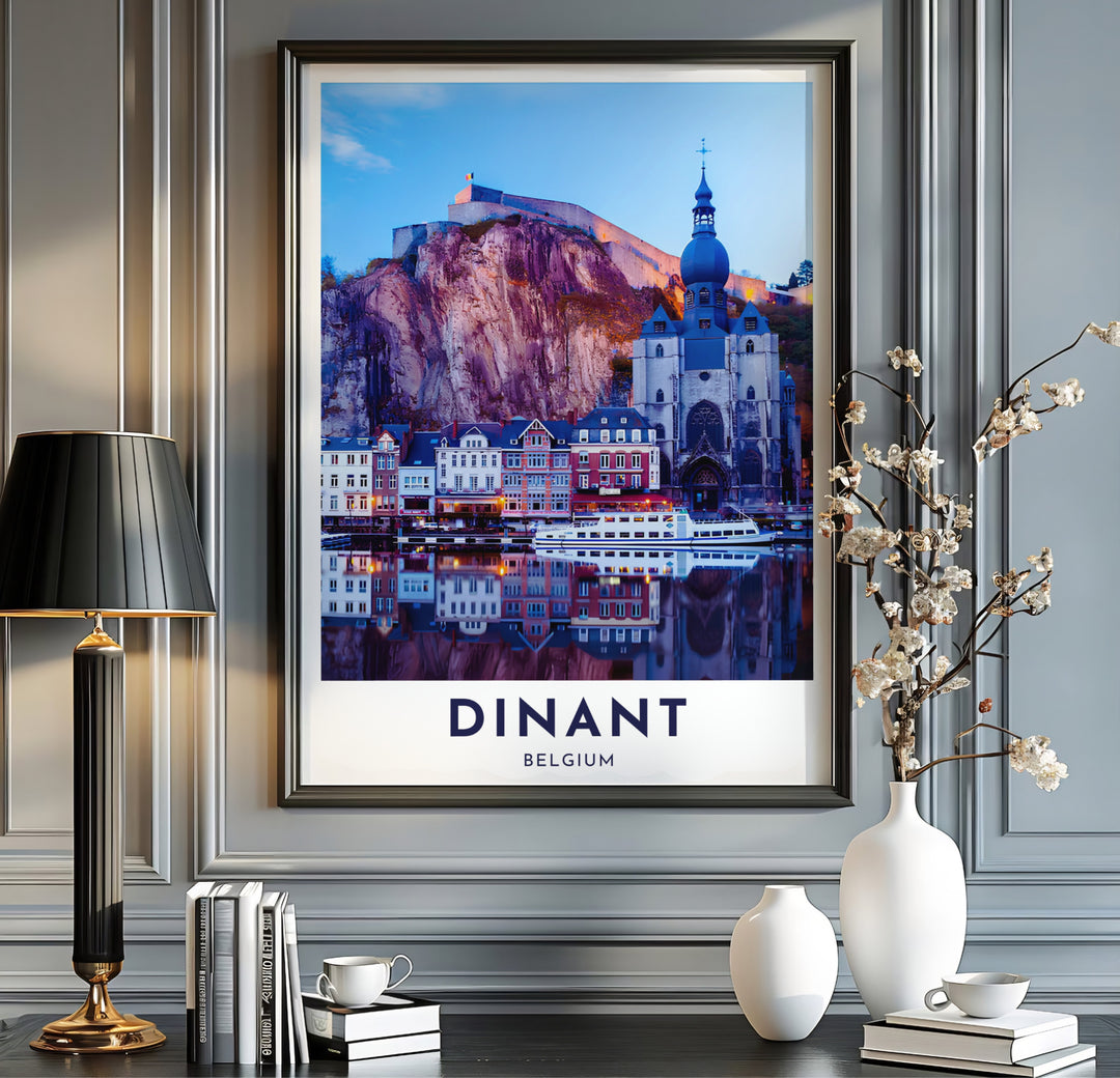 Real photo wall art print presenting the colorful guild-style facades and river mirror image in Dinant, Belgium. Available from MapYourDreams in multiple presentation formats including unframed archival paper, handcrafted frames, and gallery wrapped canvas styles.