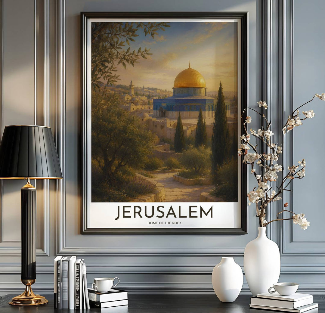 Jerusalem travel print showing Dome of the Rock sanctuary in a warm, romantic 19th century olive grove landscape art style. Handcrafted by MapYourDreams, this artwork is available in flexible options including unframed paper, custom wooden frames, and gallery canvas wraps for gallery wall displays.
