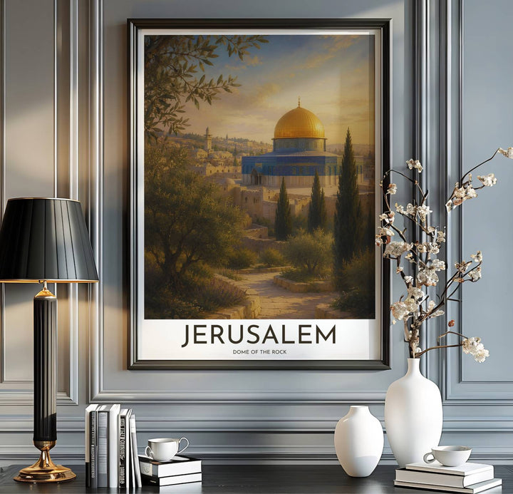 Jerusalem travel print showing Dome of the Rock sanctuary in a warm, romantic 19th century olive grove landscape art style. Handcrafted by MapYourDreams, this artwork is available in flexible options including unframed paper, custom wooden frames, and gallery canvas wraps for gallery wall displays.