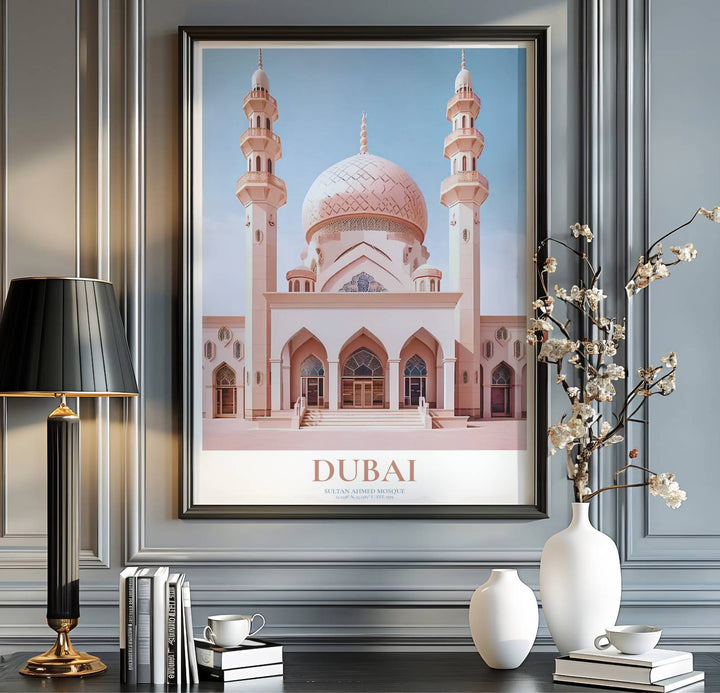 Dubai travel print showing Jumeirah Mosque in an elegant minimalist flat vector architectural illustration style. Handcrafted by MapYourDreams, this artwork is available in flexible options including unframed paper, custom wooden frames, and gallery canvas wraps for gallery wall displays.