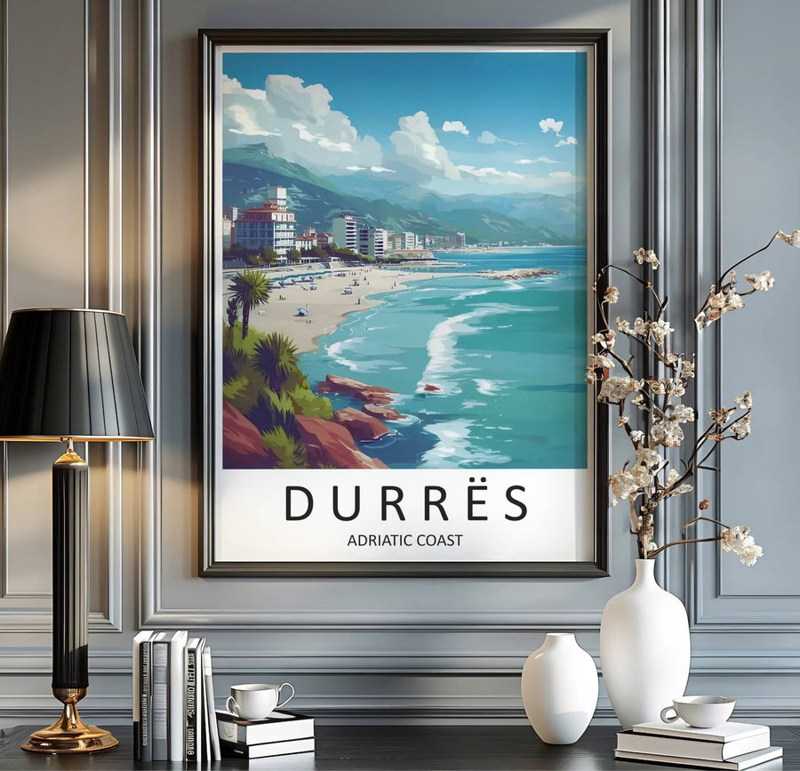 Ocean waves meet sandy shores along the Durrës waterfront, creating a peaceful beach landscape poster for bedrooms or living rooms. MapYourDreams provides custom choices including unframed paper, wooden frames, and stretched canvas wraps.