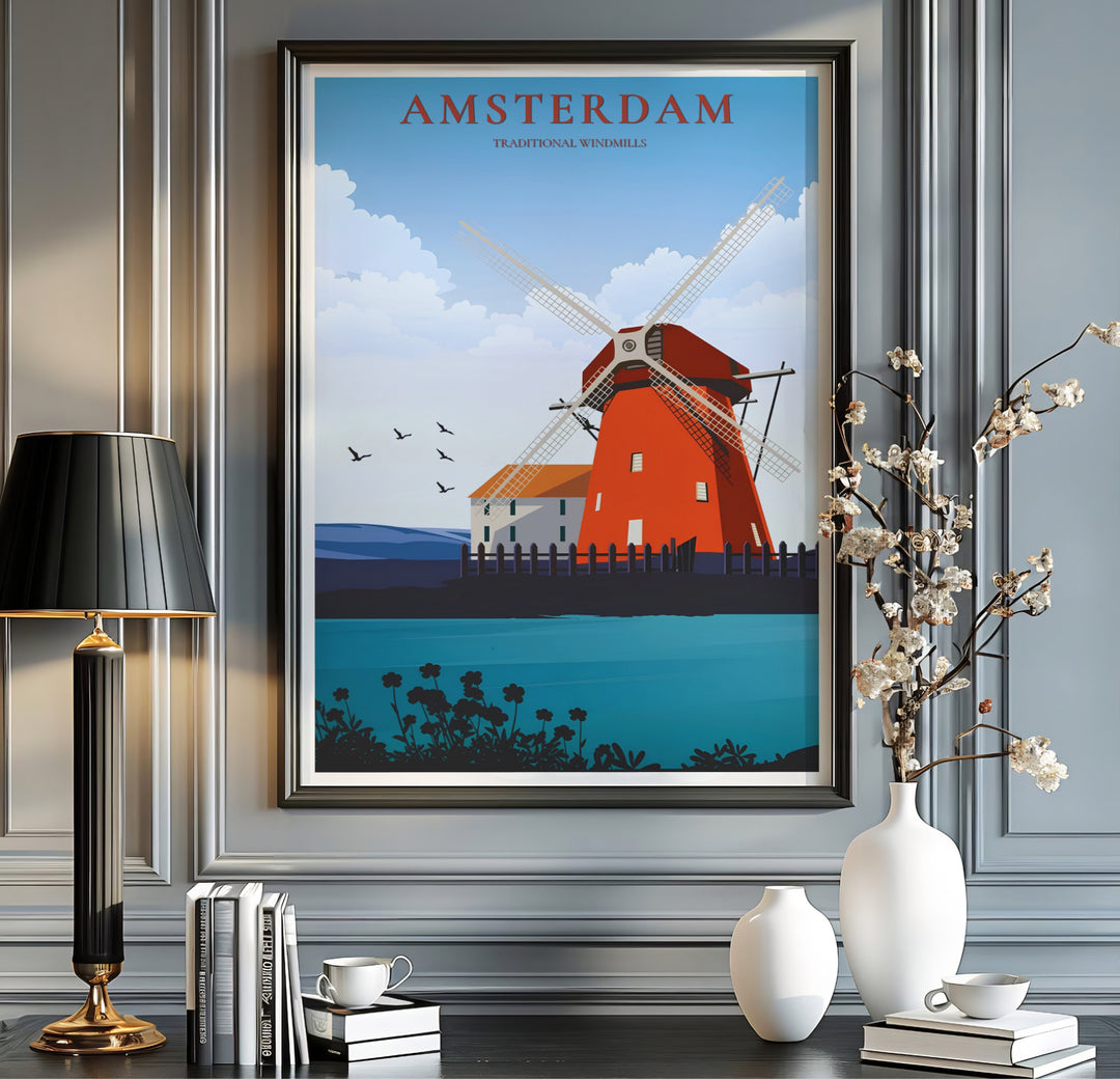 Graphic vector travel poster featuring traditional windmill sails, soaring birds, and blue water in the Netherlands, offered by MapYourDreams where you can select an unframed poster, a gallery wrapped canvas, or a custom frame option to build a vibrant retro travel gallery wall.