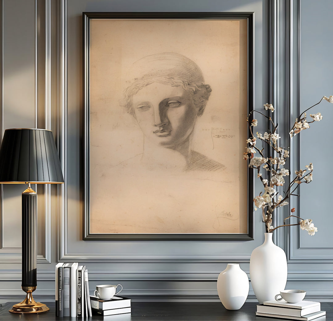 Sepia tone head drawing wall poster of Egon Schiele Antique Head Study 1905 from Leopold Museum Vienna highlighting delicate graphite pencil hatchings. MapYourDreams supplies custom framed paper prints, unframed wall posters, and gallery stretched canvas art for living rooms and bedrooms.