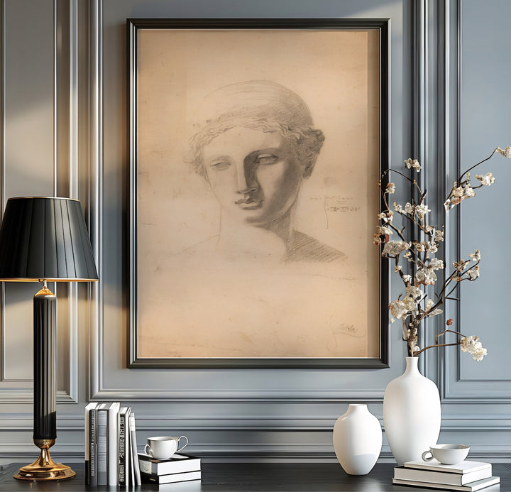 Sepia tone head drawing wall poster of Egon Schiele Antique Head Study 1905 from Leopold Museum Vienna highlighting delicate graphite pencil hatchings. MapYourDreams supplies custom framed paper prints, unframed wall posters, and gallery stretched canvas art for living rooms and bedrooms.