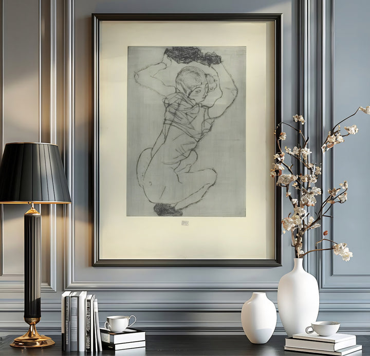 Fine art giclée etching poster of Egon Schiele Crouching Female Nude 1914 preserved in Leopold Museum Vienna with understated grey and ivory hues. MapYourDreams offers versatile framed wall art, unframed poster prints, and stretched canvas choices for complete room decoration projects.