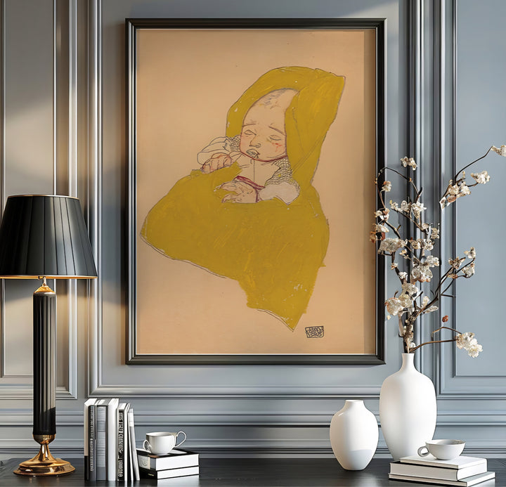Museum collection baby portrait poster of Egon Schiele Infant On A Changing Pad 1915 at Leopold Museum Vienna on textured neutral paper finish. MapYourDreams delivers archival framed wall art, unframed paper poster prints, and gallery canvas wall decor for timeless home and office decorating projects.
