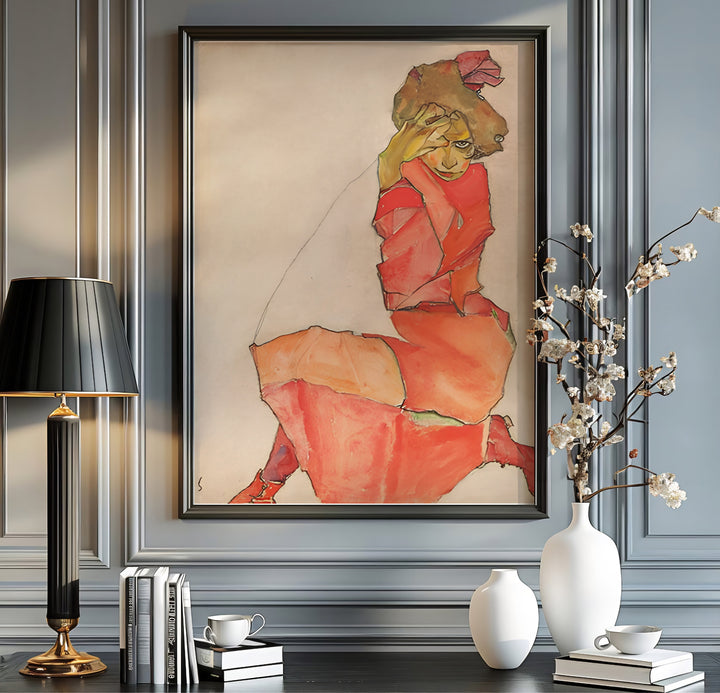Early 20th century avant-garde print of Egon Schiele Kneeling Female In Orange Red Dress 1910 located in Leopold Museum Vienna featuring expressive kneeling contours. Discover custom framed prints, unframed poster options, and stretched canvas wall decor at MapYourDreams for sophisticated home art displays.