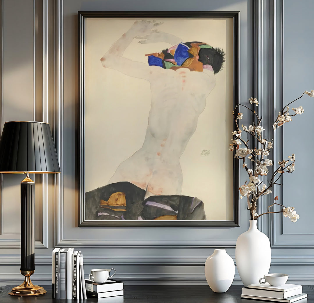 Authentic 1911 watercolor poster of Egon Schiele Nude With Colorful Cloth at Leopold Museum Vienna with jewel-toned cloth hues and signature details. Order custom framed prints, unframed paper wall poster art, or gallery canvas options from MapYourDreams to elevate your favorite interior space.