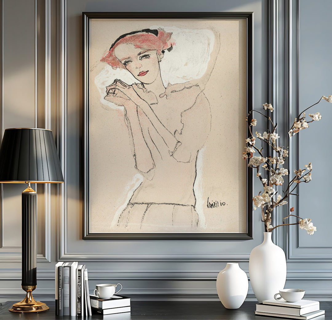 Fine art giclée portrait poster of Egon Schiele Portrait Of A Woman 1910 created in Vienna Austria with warm neutral cream paper tones. MapYourDreams offers versatile framed wall art, unframed poster prints, and stretched canvas choices for complete room decoration projects.