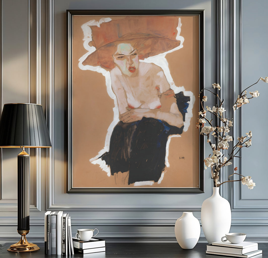 Fine art giclée figure poster of Egon Schiele Seated Woman With Hat 1910 created in Vienna Austria with warm natural background tones. MapYourDreams offers versatile framed wall art, unframed poster prints, and stretched canvas choices for complete room decoration projects.