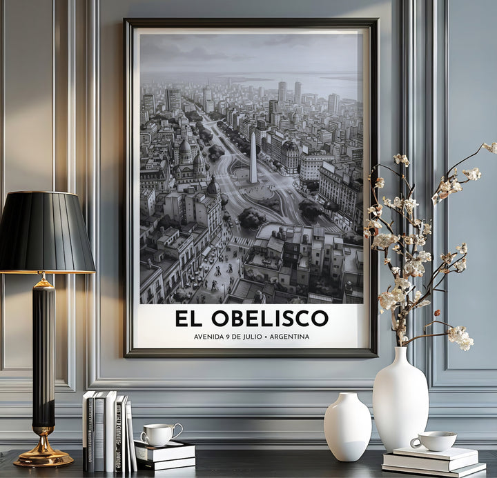 Fine art monochrome poster showing classical rooftops and modern high-rises along Avenida 9 de Julio in Buenos Aires. Brought to you by MapYourDreams, this item can be ordered on archival paper, in custom wooden frames, or wrapped on canvas.